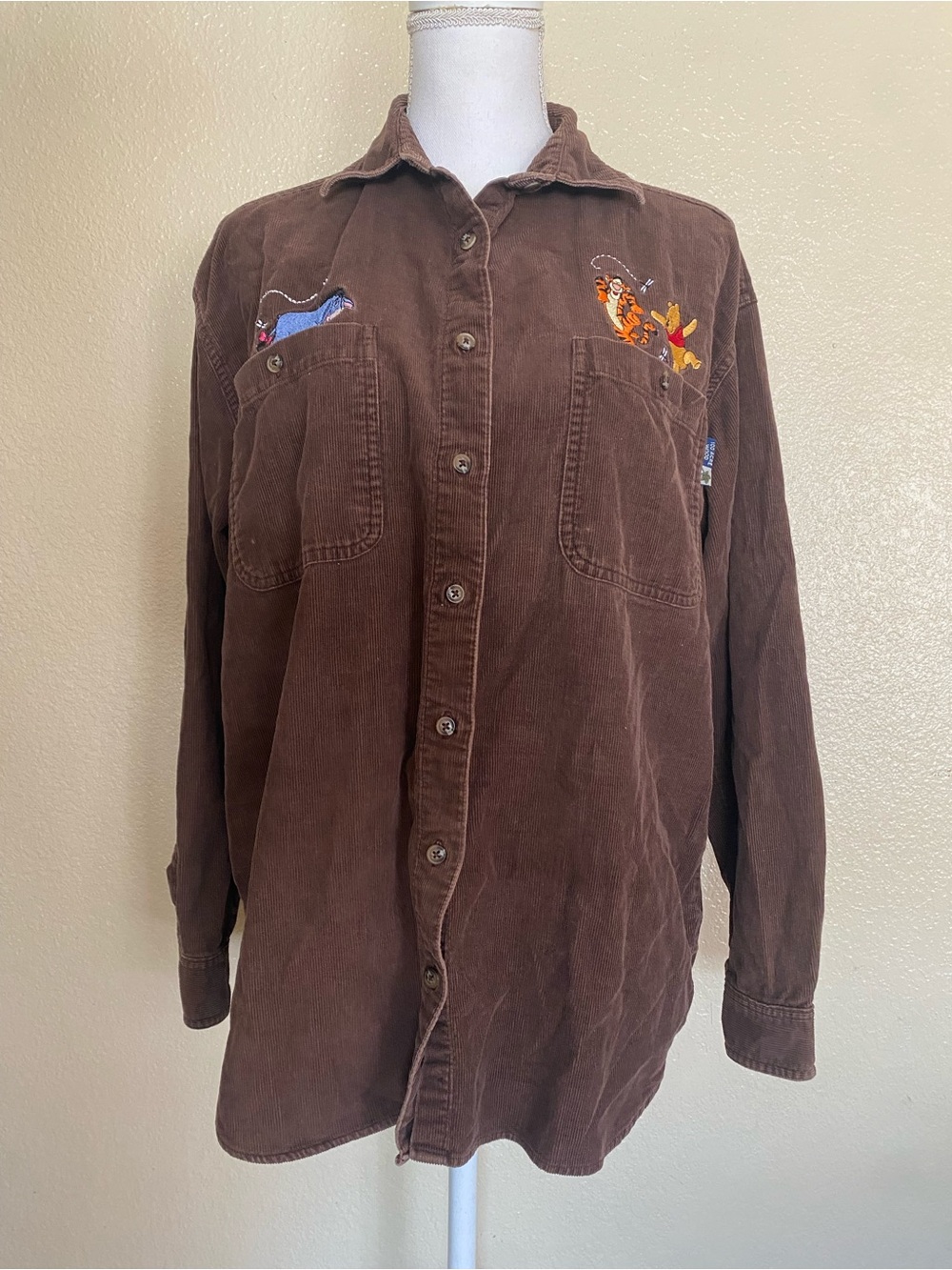 Winnie The Pooh Size M Brown Corduroy Embroidered Button Down Shirt 90s